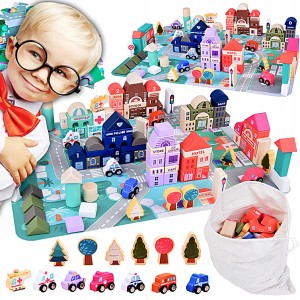 PASTELOWY ZESTAW KLOCKI DREWNIANE MIASTECZKO + MATA PUZZLE 115 ELEMENTY