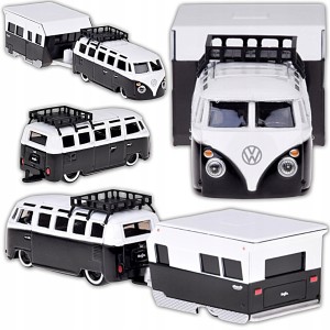 SAMOCHÓD LICENCJONOWANE AUTO VOLKSWAGEN VAN SAMBA PRZYCZEPA 1:64 ZESTAW
