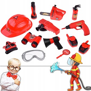 ZESTAW KOSTIUM STRAŻAKA KASK PIŁA 13 ELEMENTÓW STRAŻ POŻARNA DLA DZIECI