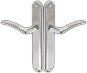 KLAMKA DRZWIOWA DO DRZWI WYTRZYMAŁA LARIX SZYLD BEZ PRZEBICIA SATYNA