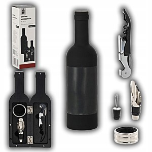 KOMPLET 3 AKCESORIÓW DO WINA W FUTERALE W KSZTAŁCIE BUTELKI ZESTAW DO WINA