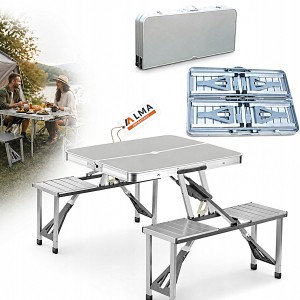 SKŁADANY STÓŁ ROZKŁADANY STOLIK TURYSTYCZNY KEMPINGOWY ALUMINIOWY Z ŁAWKAMI