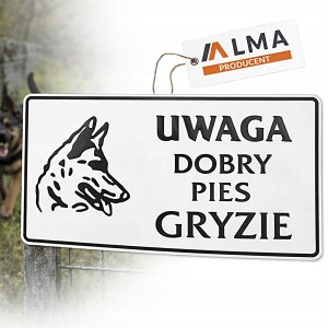 TABLICZKA ALUMINIOWA | UWAGA DOBRY PIES - GRYŹIE| 14x29 cm | ZŁY GROŹNY