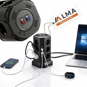 LISTWA ZASILAJĄCA STOJĄCA OCHRONNA ODGROMOWA 12 GNIAZD 5 PORTÓW USB RESET