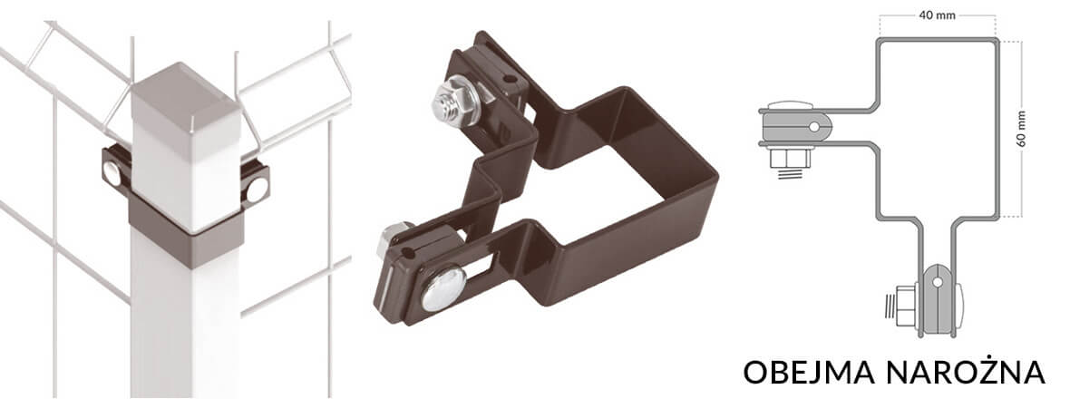 Obejma narozna kompletna do montażu paneli ogrodzeniowych na słupku.
