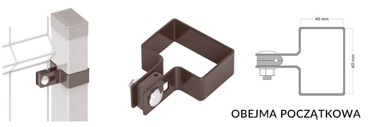 Obejma początkowa kompletna do montażu paneli ogrodzeniowych na słupku.