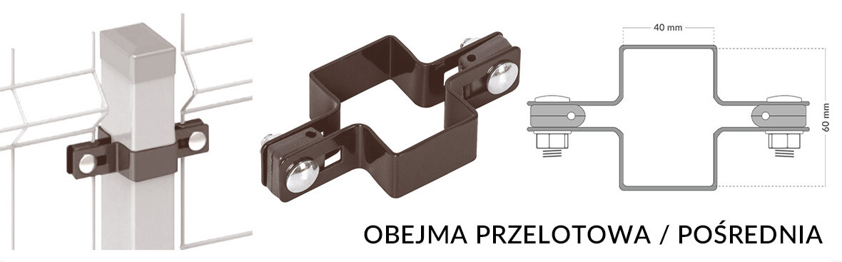 Obejma przelotowa kompletna do montażu paneli ogrodzeniowych na słupku.