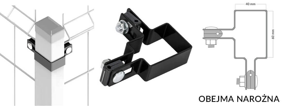 Obejma narozna kompletna do montażu paneli ogrodzeniowych na słupku.