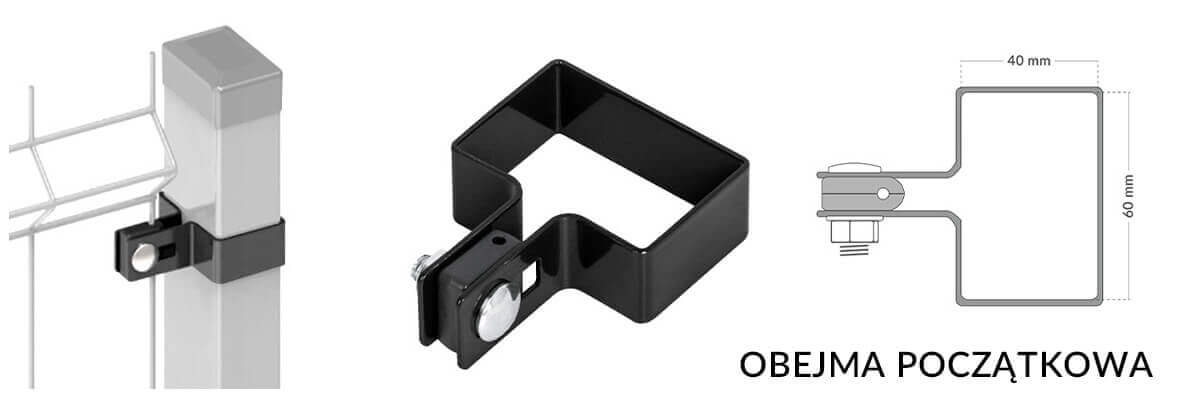 Obejma początkowa kompletna do montażu paneli ogrodzeniowych na słupku.