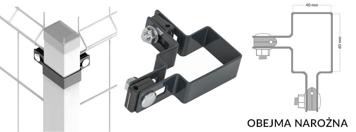 Obejma narozna kompletna do montażu paneli ogrodzeniowych na słupku.