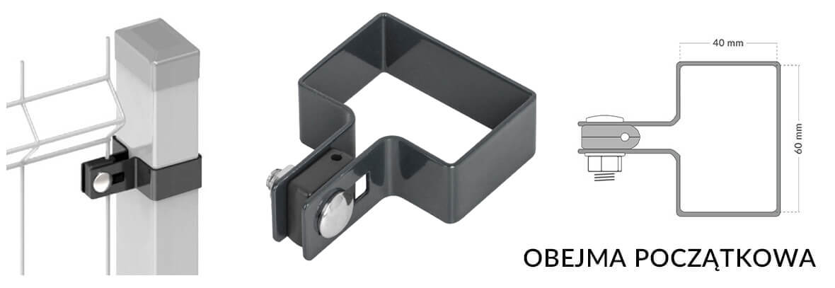 Obejma początkowa kompletna do montażu paneli ogrodzeniowych na słupku.