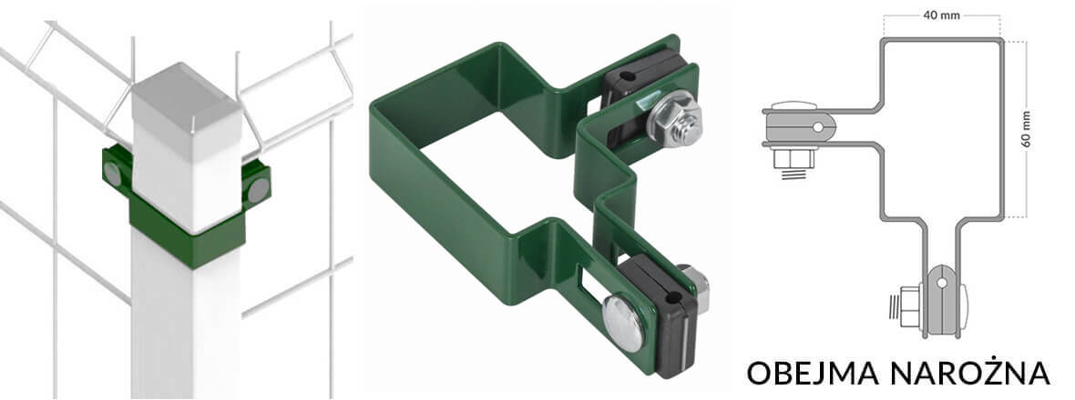 Obejma narozna kompletna do montażu paneli ogrodzeniowych na słupku.