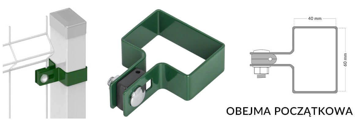 Obejma początkowa kompletna do montażu paneli ogrodzeniowych na słupku.
